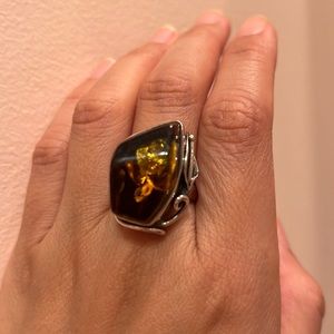 Vintage green large amber sterling ring